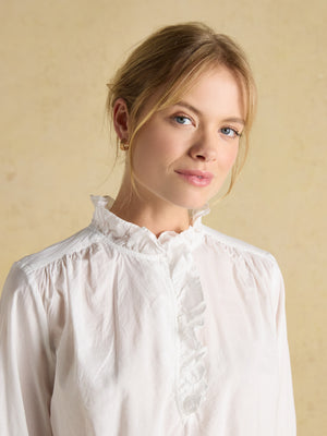 Joules Melanie White Long Sleeve Blouse With Ruffle Neck