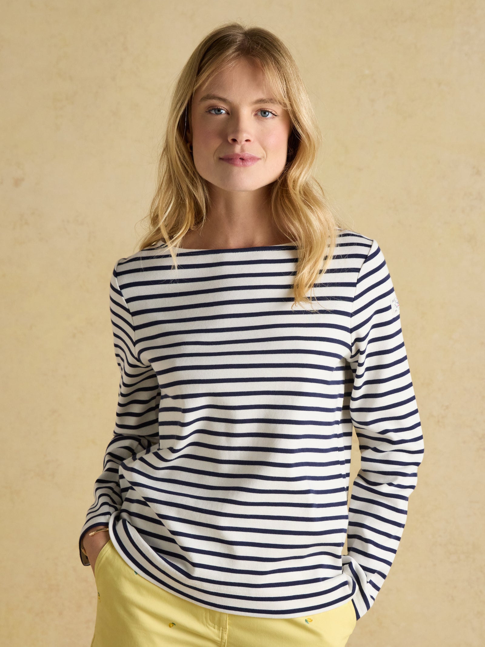 Joules Harbour Cream & Navy Boat Neck Long Sleeve Breton Stripe Top