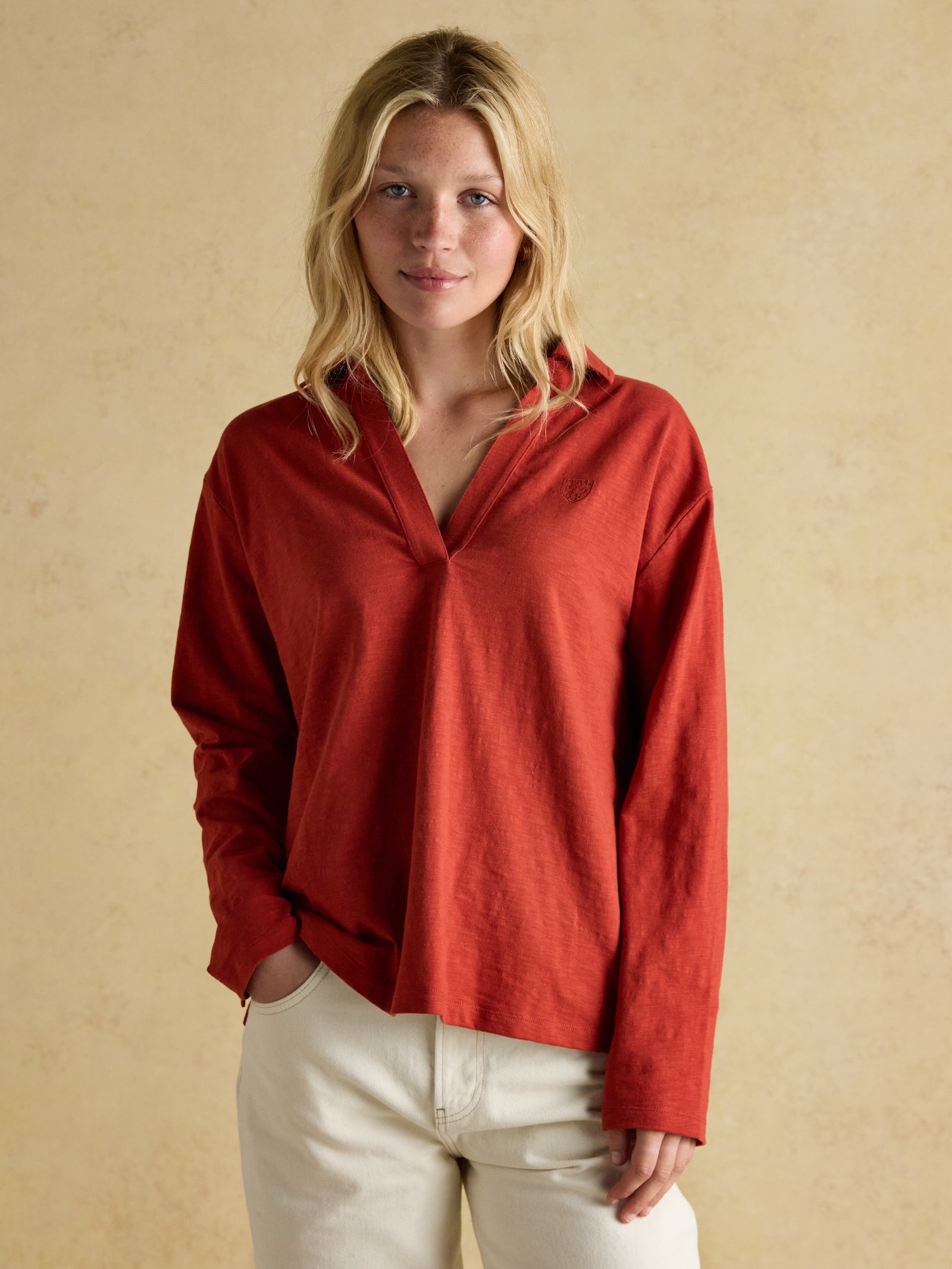 Joules Tallie Burnt Orange Combed Cotton Slub Collared Top