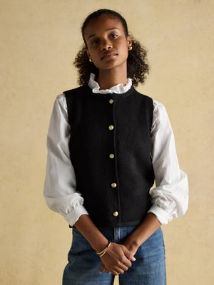 Joules Holly Black Button Through Knitted Vest with Round Neck