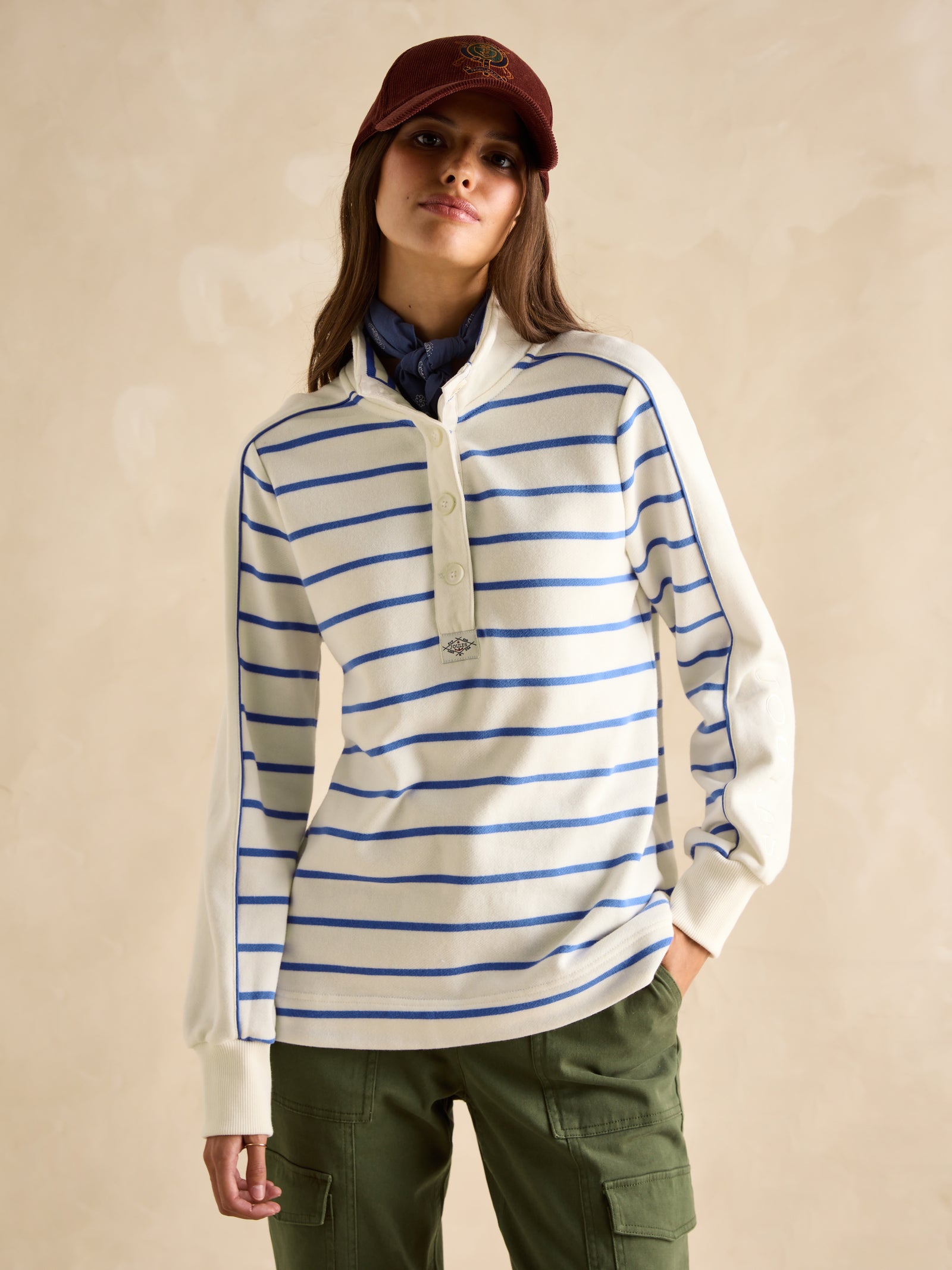 Joules Southwold Cream/Blue Button Down Striped Sweatshirt