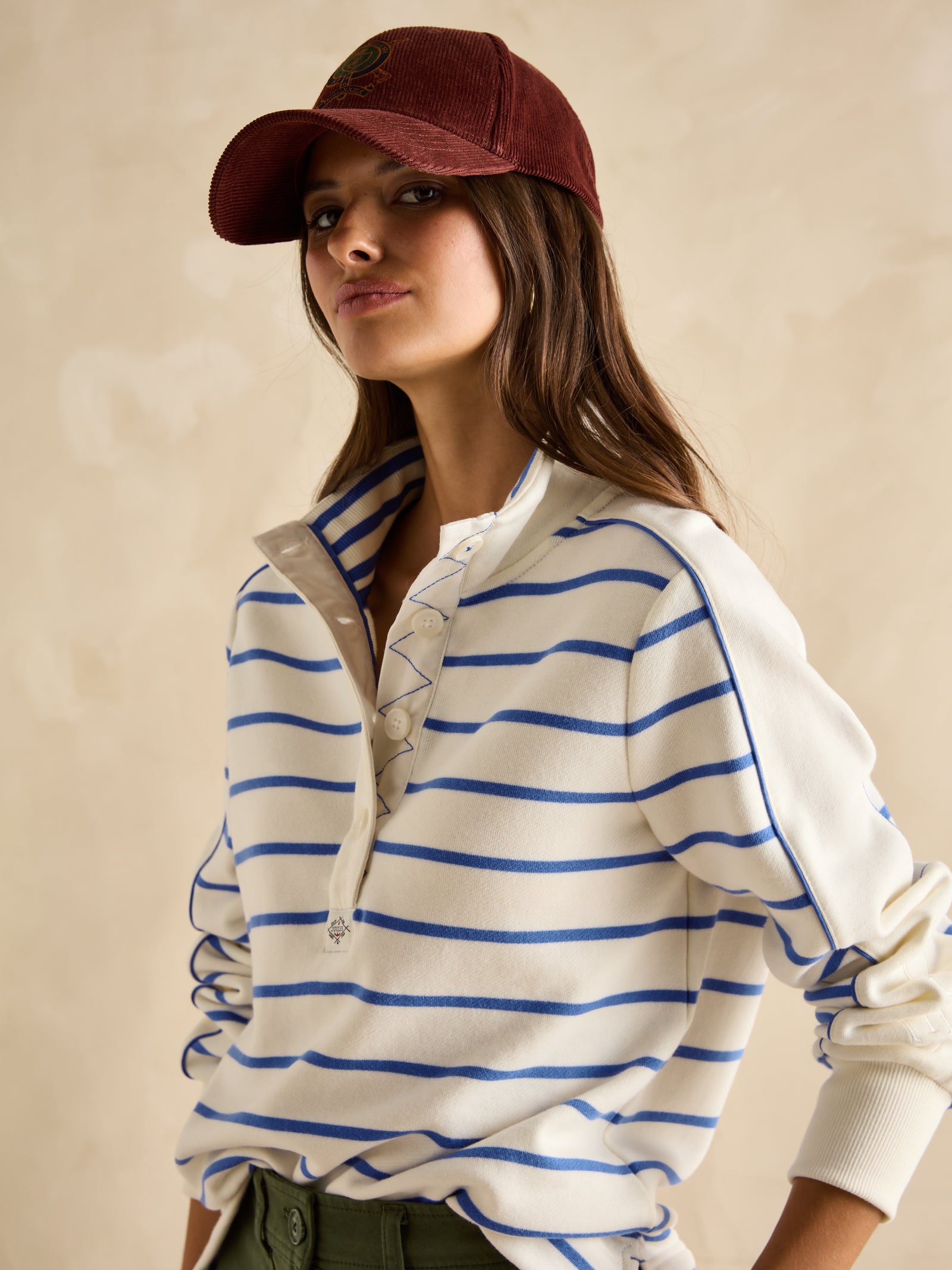 Joules Southwold Cream/Blue Button Down Striped Sweatshirt