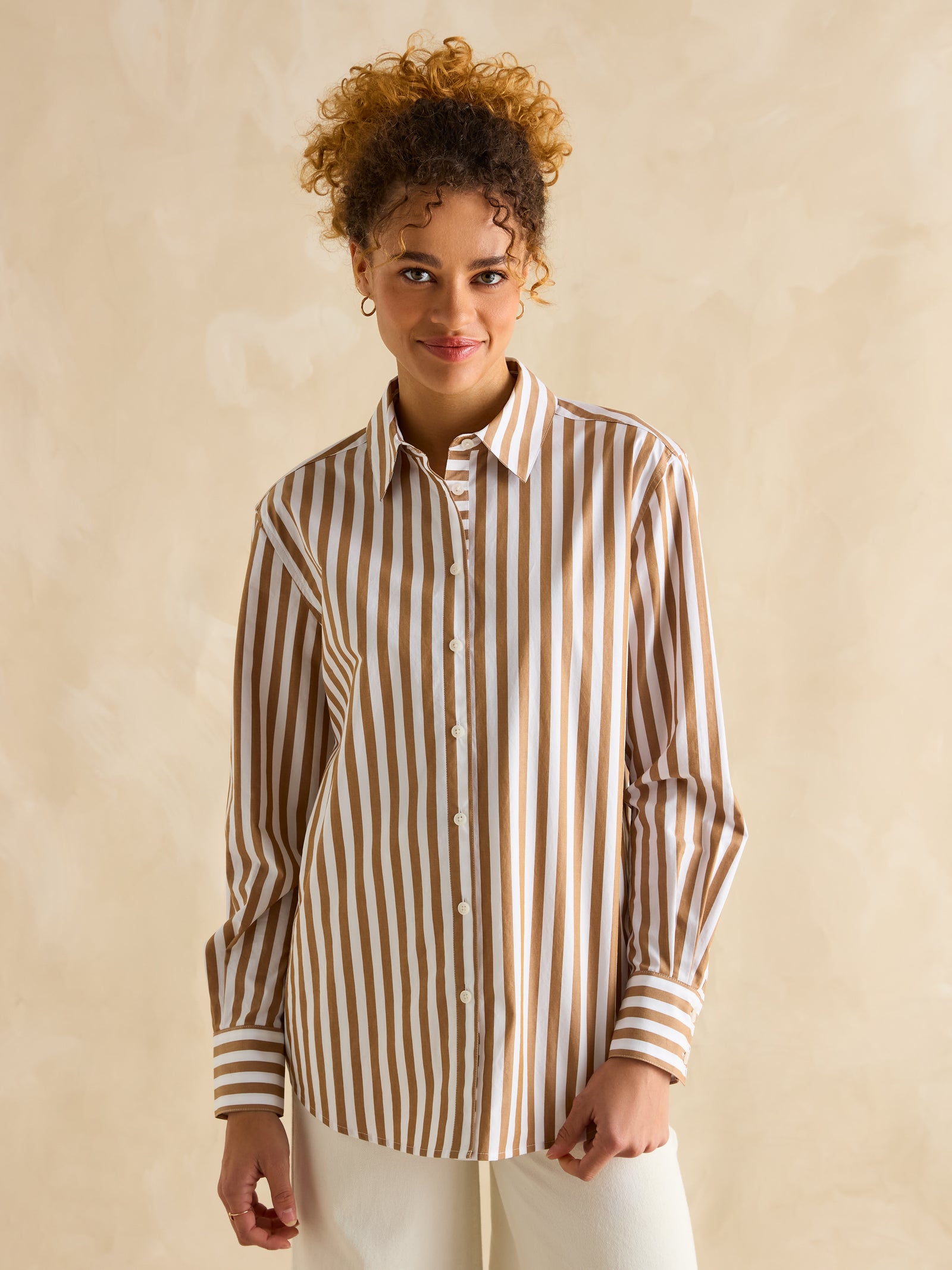 Joules Amilla Tan & White Stripe Longline Relaxed Fit Shirt