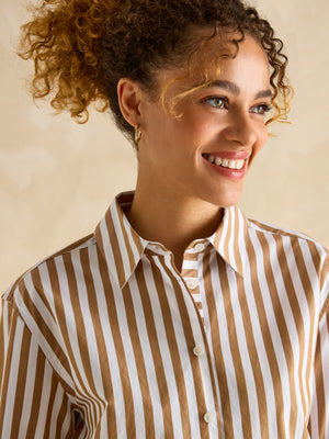 Joules Amilla Tan & White Stripe Longline Relaxed Fit Shirt