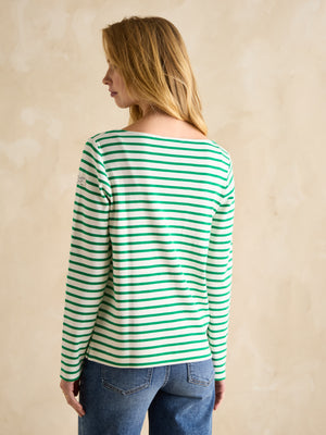 Joules Harbour Cream/Green Boat Neck Long Sleeve Breton Stripe Top