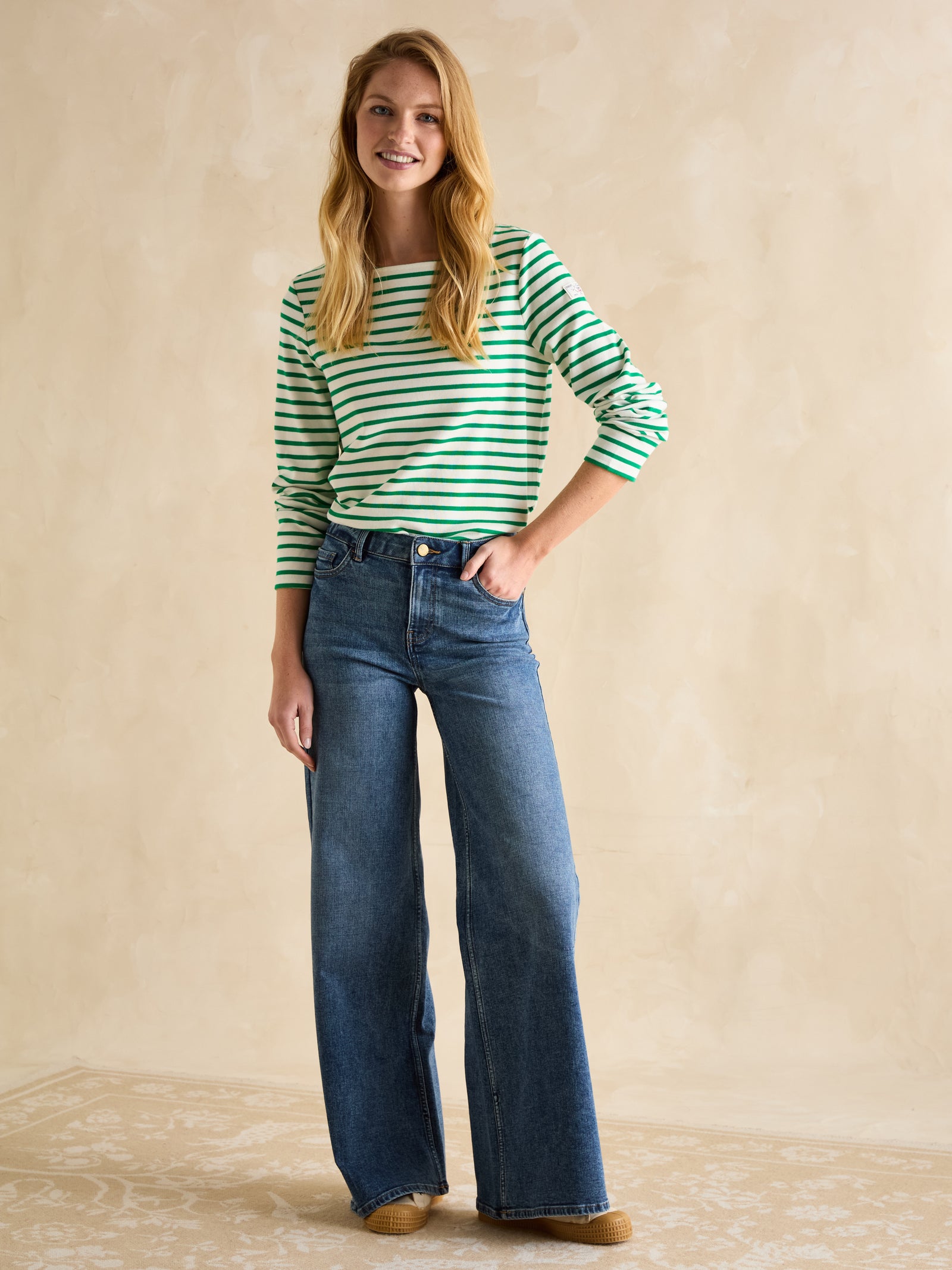 Joules Harbour Cream/Green Boat Neck Long Sleeve Breton Stripe Top