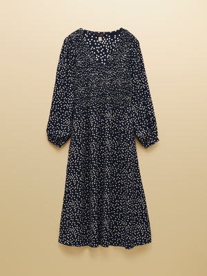 Joules Liliana Navy Spot Shirred V-Neck Midi Dress