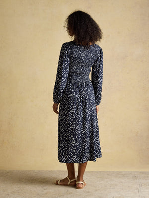 Joules Liliana Navy Spot Shirred V-Neck Midi Dress