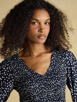 Joules Liliana Navy Spot Shirred V-Neck Midi Dress