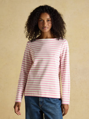 Joules Harbour Cream/Pink Boat Neck Long Sleeve Breton Stripe Top