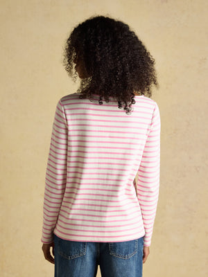 Joules Harbour Cream/Pink Boat Neck Long Sleeve Breton Stripe Top