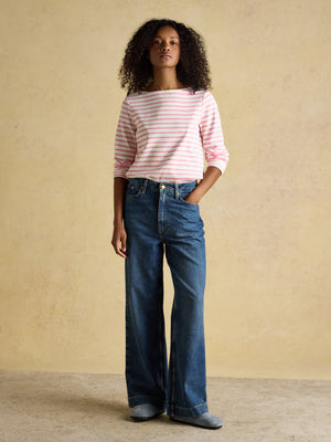 Joules Harbour Cream/Pink Boat Neck Long Sleeve Breton Stripe Top