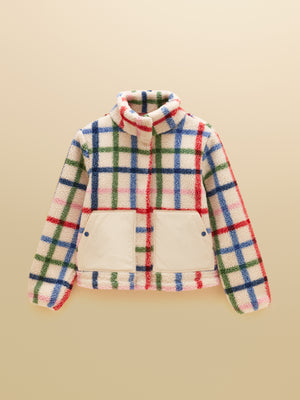 Joules Lottie Cream Check Zip Through Borg Fleece
