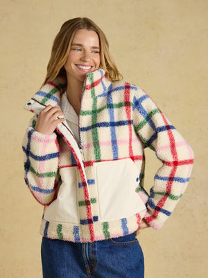 Joules Lottie Cream Check Zip Through Borg Fleece