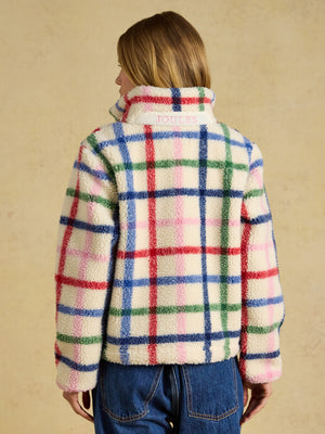 Joules Lottie Cream Check Zip Through Borg Fleece