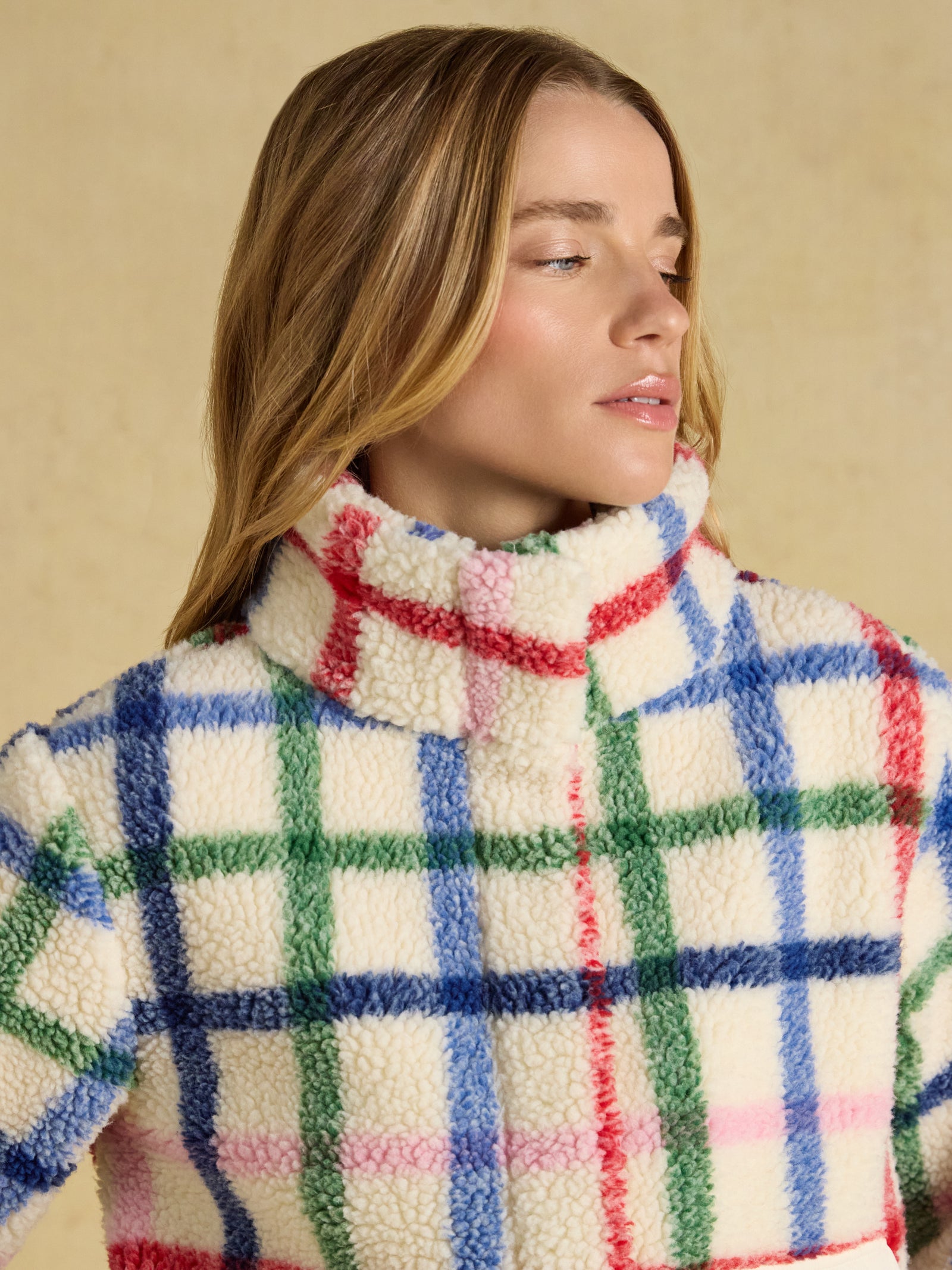 Joules Lottie Cream Check Zip Through Borg Fleece