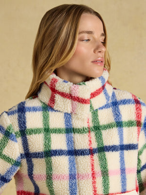 Joules Lottie Cream Check Zip Through Borg Fleece