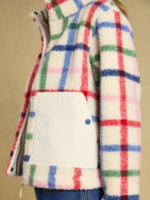 Joules Lottie Cream Check Zip Through Borg Fleece