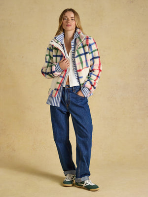 Joules Lottie Cream Check Zip Through Borg Fleece
