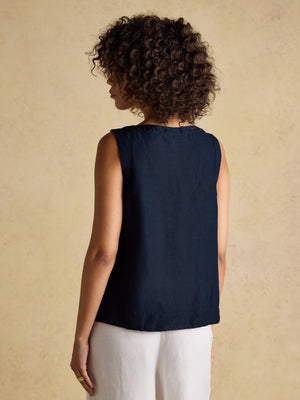 Joules Cove Navy Round Neck Sleeveless Top with Linen