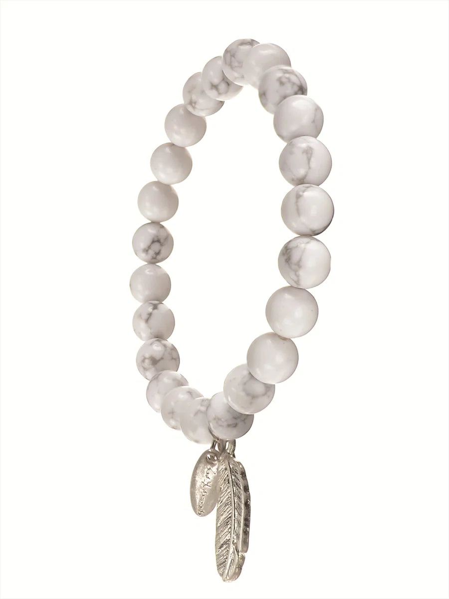 Hot Tomato White Stone Bead & Feather Charm Bracelet