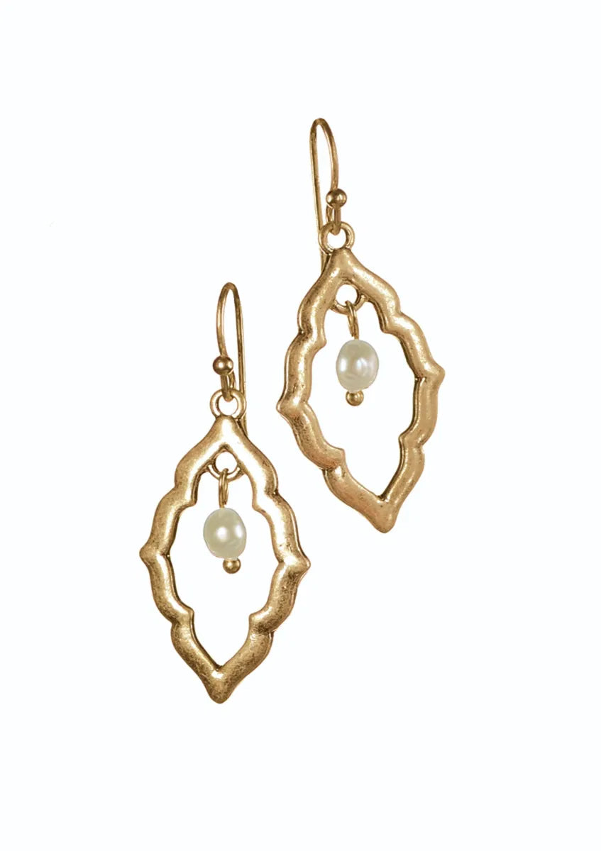Hot Tomato Morroccan Frame Dainty Pearl Earrings