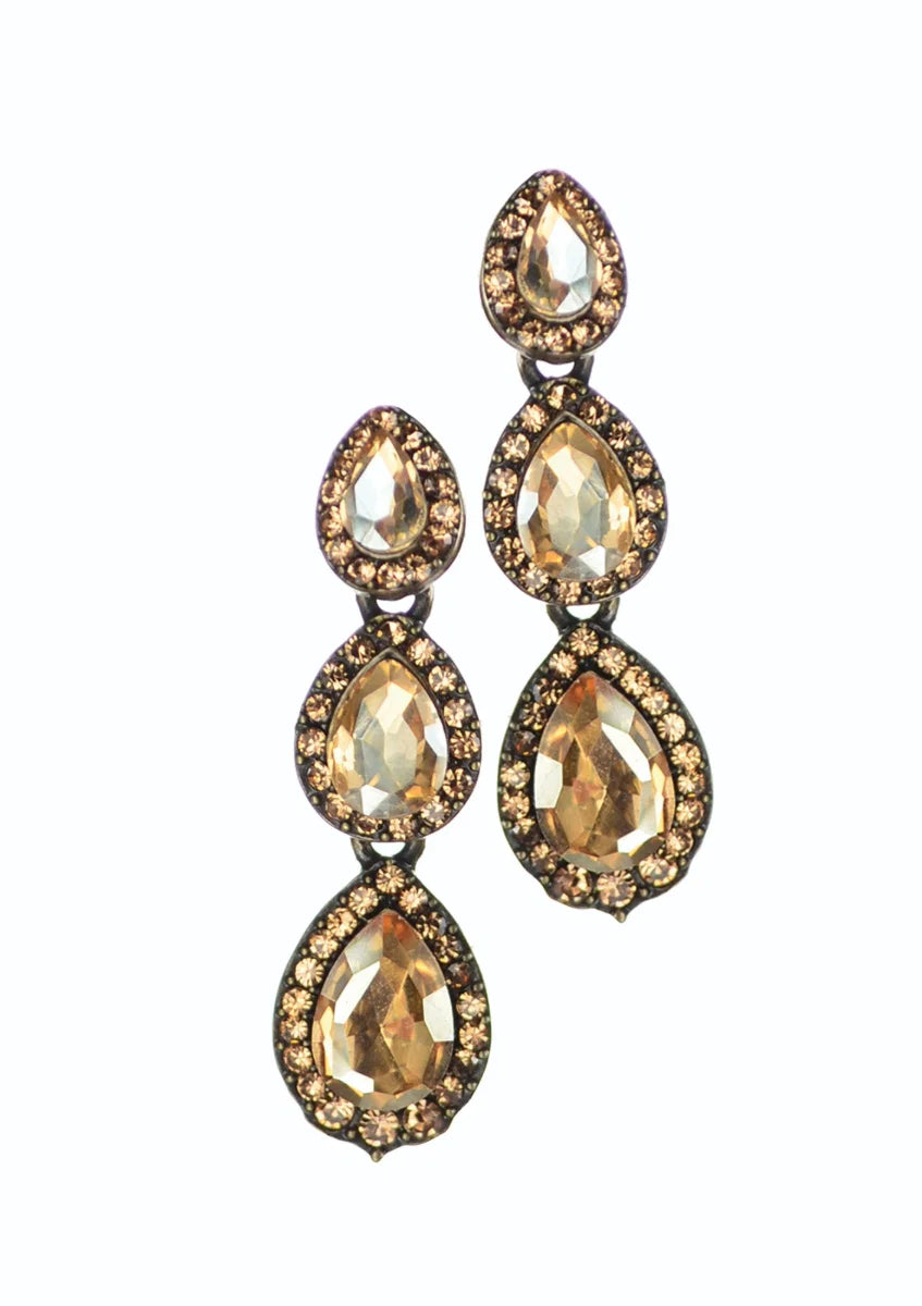 Hot Tomato Bronze Pear Shaped Crystal Triptych Drops Earrings