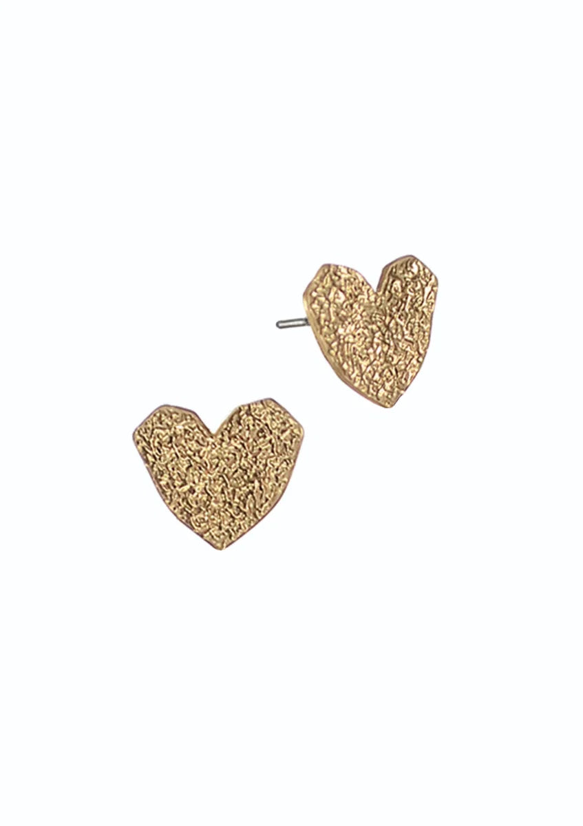Hot Tomato Worn Gold Textured Heart Studs