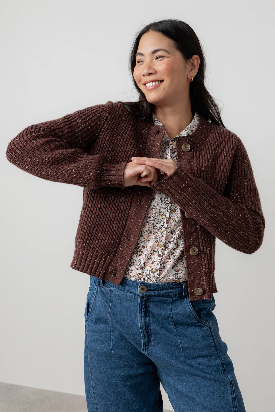 Lily & Me Chocolate June Rib Cardigan Fleck Knit