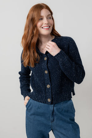 Lily & Me Navy June Rib Cardigan Fleck Knit
