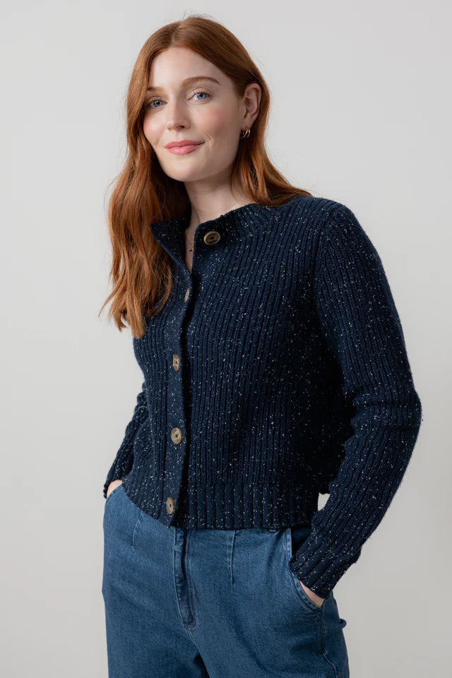 Lily & Me Navy June Rib Cardigan Fleck Knit