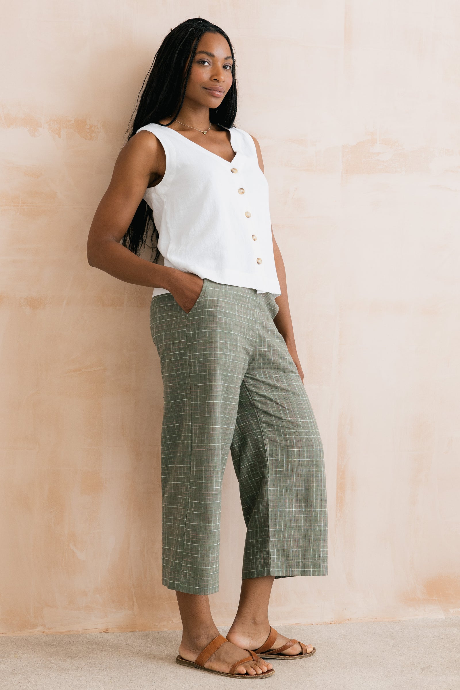 Lily & Me Green Checked Greta Cropped Trouser
