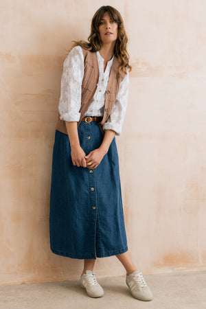 Lily & Me Holly Button Through Denim Midi Skirt