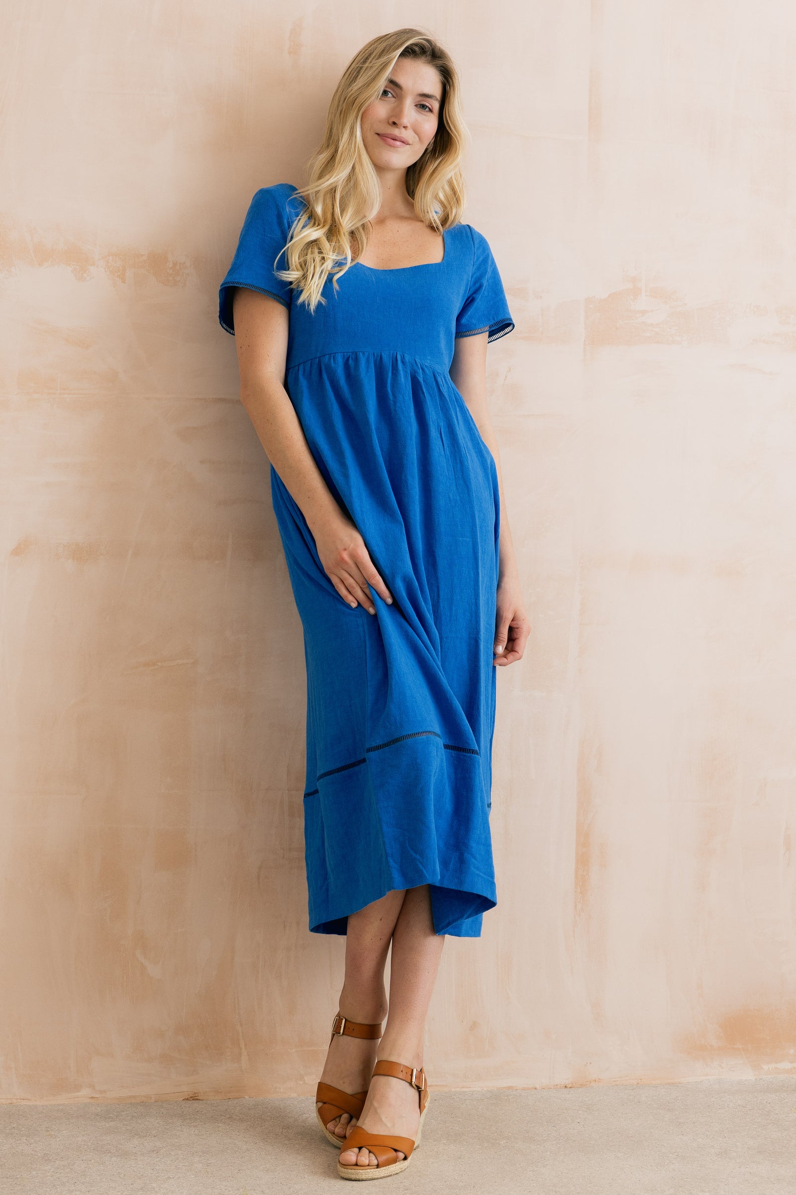 Lily & Me  Cobalt Iris Midi Dress Plain Linen