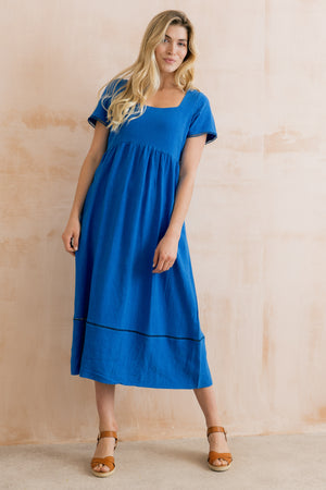 Lily & Me  Cobalt Iris Midi Dress Plain Linen