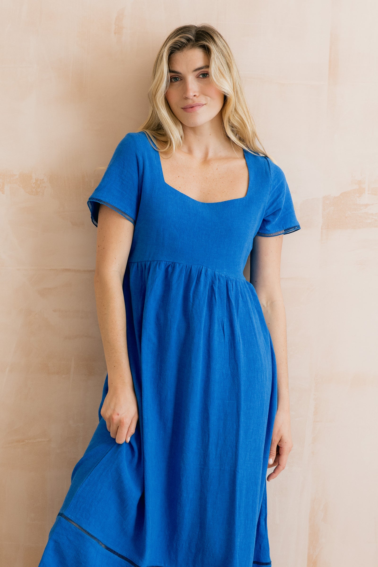 Lily & Me  Cobalt Iris Midi Dress Plain Linen