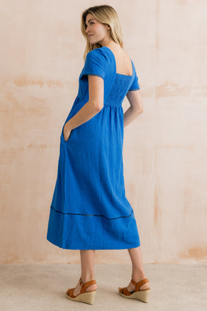 Lily & Me  Cobalt Iris Midi Dress Plain Linen