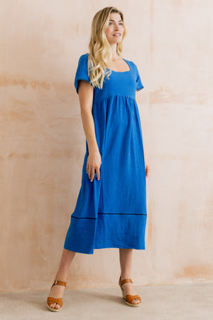 Lily & Me  Cobalt Iris Midi Dress Plain Linen