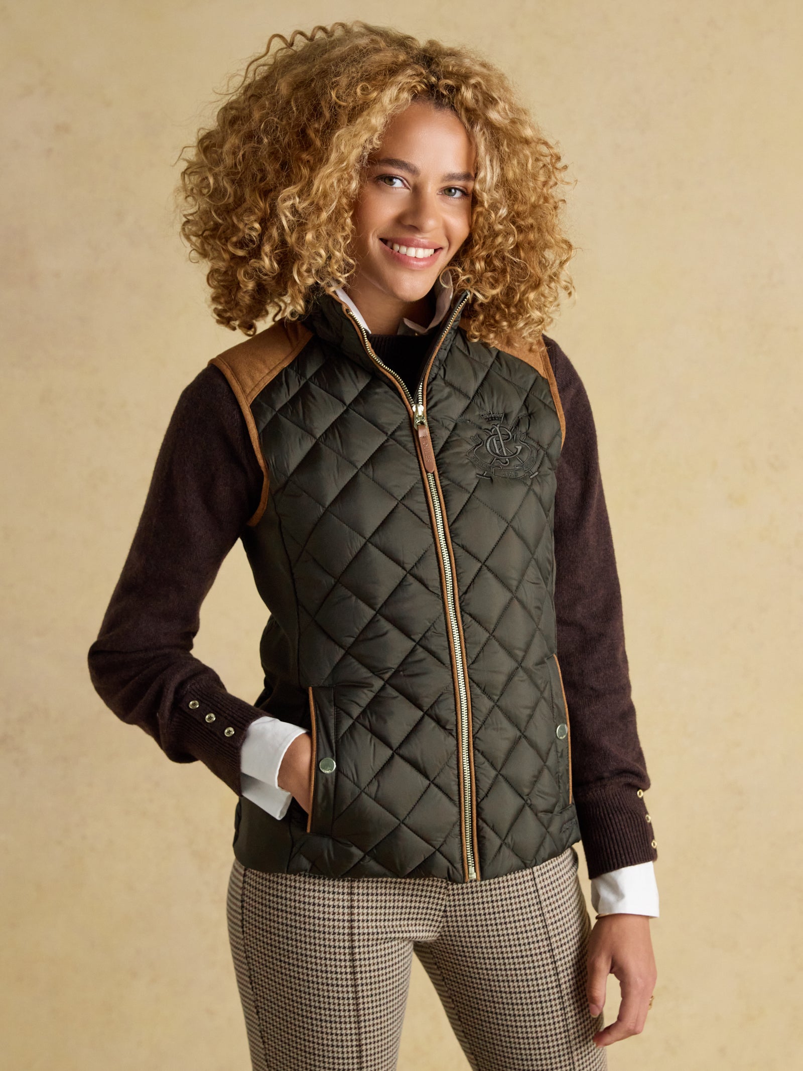 Joules Braemar Luxe Khaki Green Showerproof Diamond Quilted Gilet