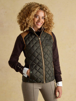Joules Braemar Luxe Khaki Green Showerproof Diamond Quilted Gilet