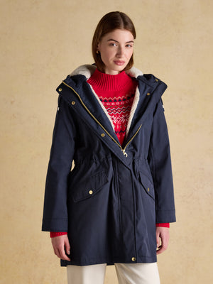Joules Portwell Cosy Navy Fleece Lined Waterproof Raincoat with Hood