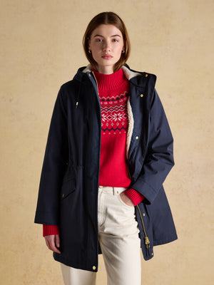 Joules Portwell Cosy Navy Fleece Lined Waterproof Raincoat with Hood