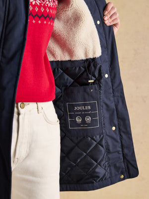Joules Portwell Cosy Navy Fleece Lined Waterproof Raincoat with Hood