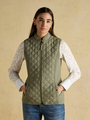 Joules Minx Khaki Sage Green Showerproof Diamond Quilted Gilet