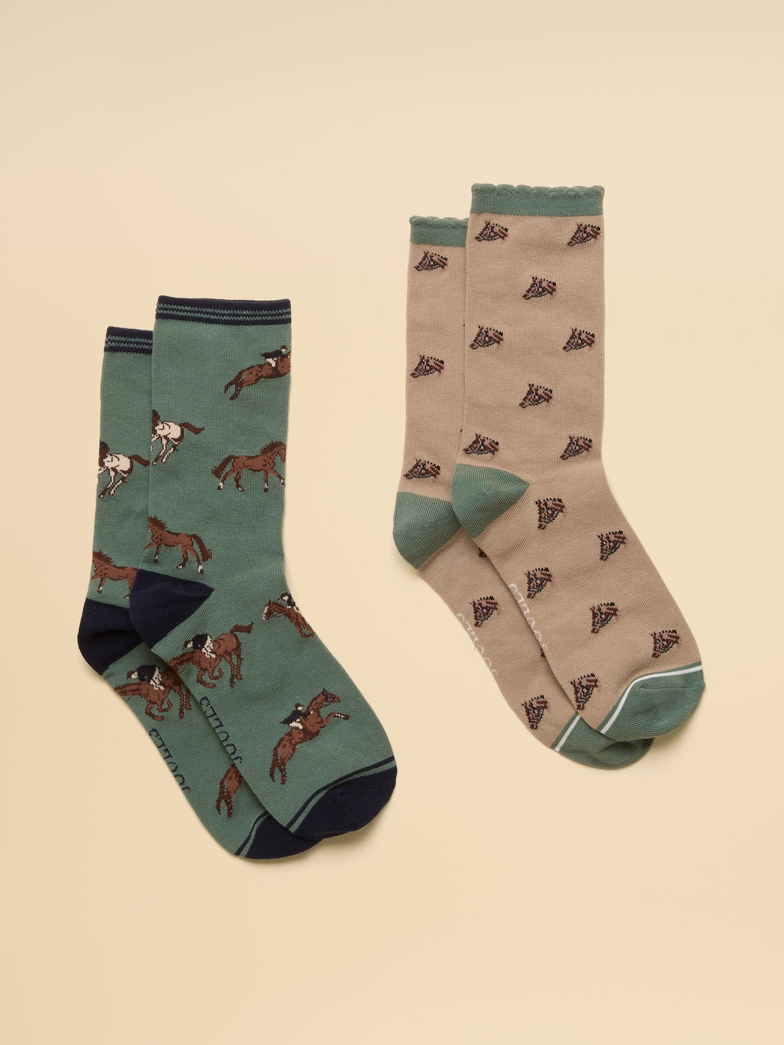 Joules Women's Everyday Green & Neutral Horse Cotton Blend Socks 2 Pack