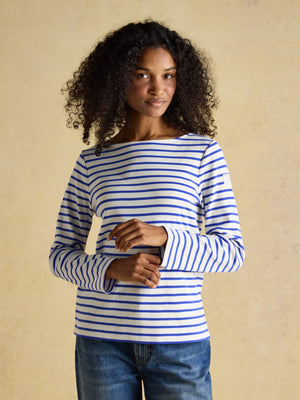 Joules Harbour Cream/Blue Boat Neck Long Sleeve Breton Stripe Top