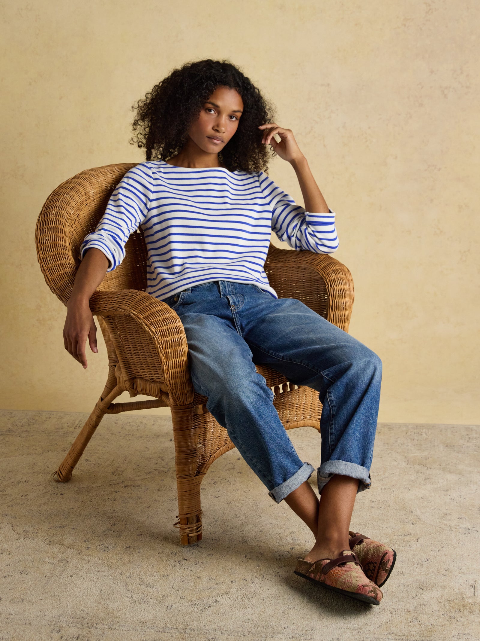 Joules Harbour Cream/Blue Boat Neck Long Sleeve Breton Stripe Top