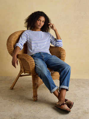 Joules Harbour Cream/Blue Boat Neck Long Sleeve Breton Stripe Top