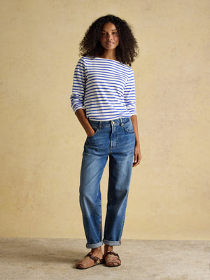 Joules Harbour Cream/Blue Boat Neck Long Sleeve Breton Stripe Top