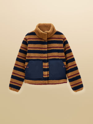 Joules Lottie Tan Brown Stripe Zip Through Borg Fleece